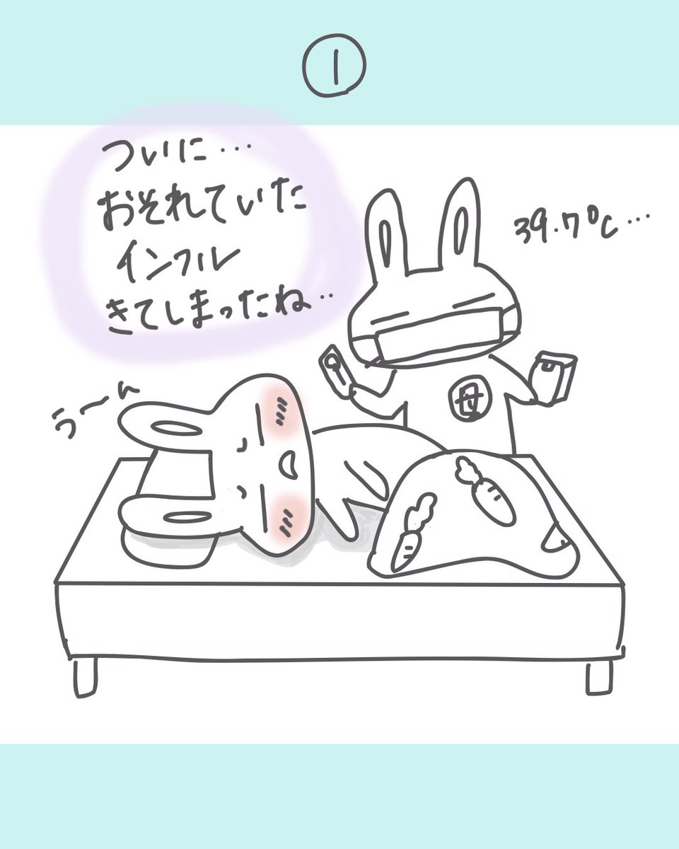 kimagureusagi31's tweet photo. 気まぐれうさぎのインフル🐰

先週、流行りのインフルもらってきてしまった気まぐれうさぎ🐰
毎回インフルでは母もつきっきり看病になるので2人でボロボロw
だるうさ（息子）は、静かに1人耐えられるタイプ。それぞれちがうねぇ〜

#気まぐれうさぎ
#みおいろ
#インフルエンザ https://t.co/2lrh8bltXL