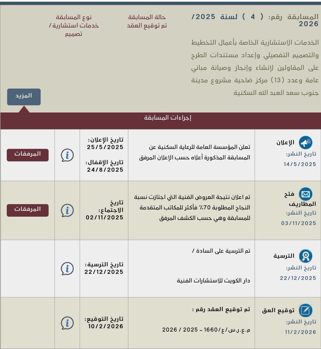 الخدمات الاستشارية الخاصة بأعمال التخطيط والتصميم التفصيلي وإعداد مستندات الطرح على المقاولين لإنشاء وإنجاز وصيانة مباني عامة وعدد (13) مركز ضاحية مشروع مدينة

نوع المسابقة خدمات استشارية /تصميم

#جنوب_سعد_العبدالله السكنية

تاريخ التوقيع : 10/2/2026
#القرار_استقرار