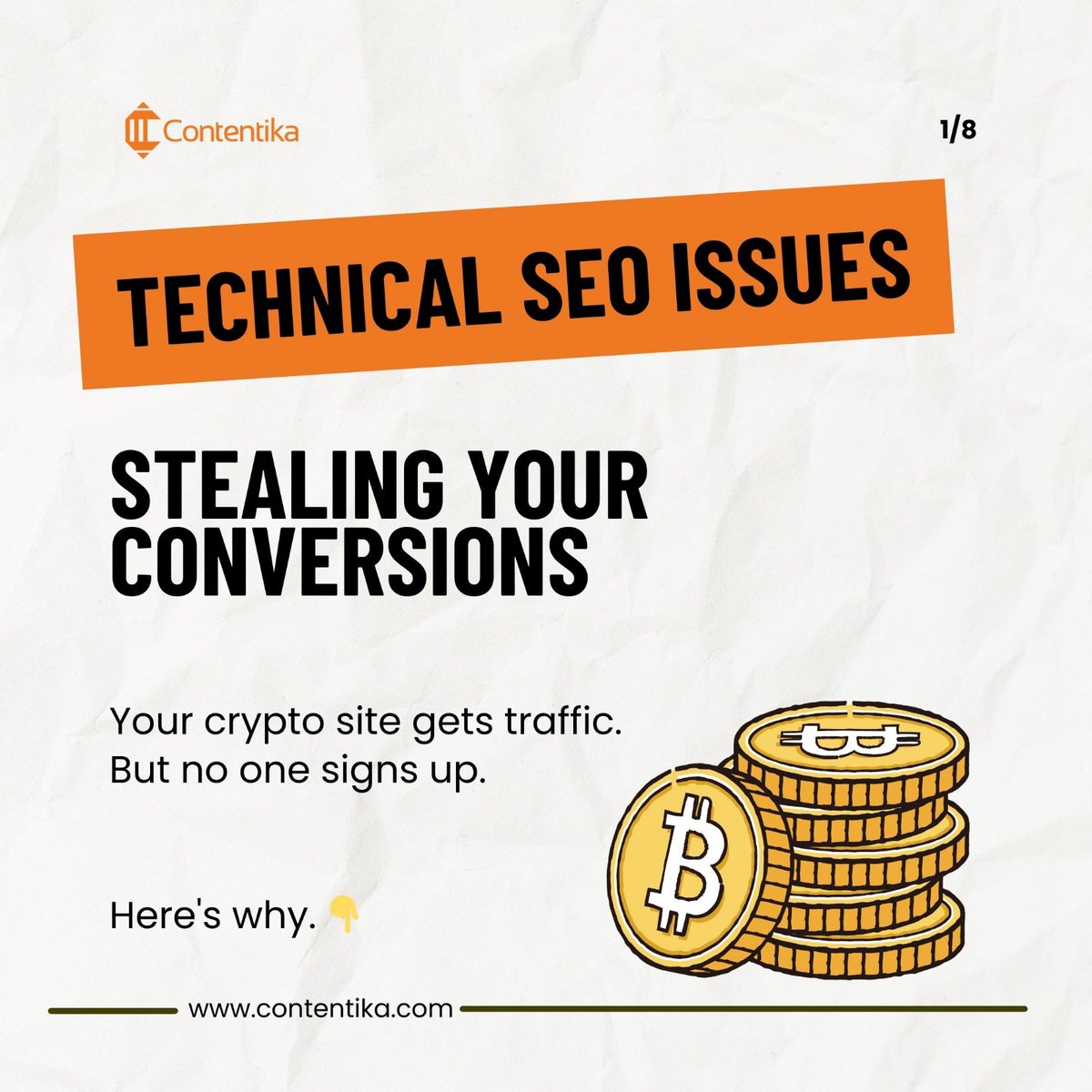 GoContentika's tweet photo. Has your crypto site been getting traffic but zero conversions?
These 6 technical SEO issues are the reason why.
Fix them, and watch your conversions improve.
#CryptoSEO #TechnicalSEO #ชลบุรีเขต1 https://t.co/1FImHw8saH