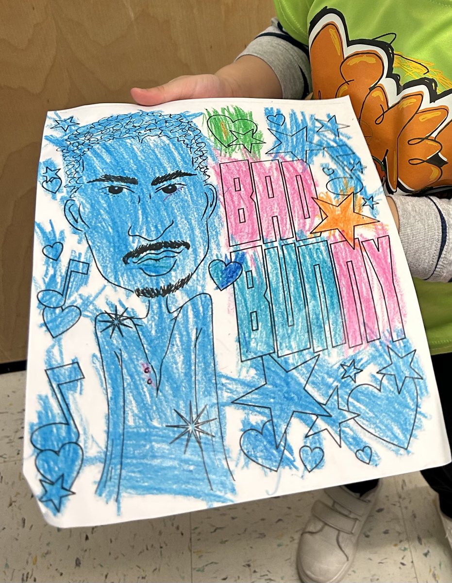 _scottclarke's tweet image. My #badbunny coloring page made it to some 4th grade and pre-k students in the Bronx NY and I was sent these AMAZING colorings! I love them all, BRAVO to these young BAD BUNNY artists!...here are a few...
 #inspiring #youngartists #scottclarke #coloringpages #gratitude