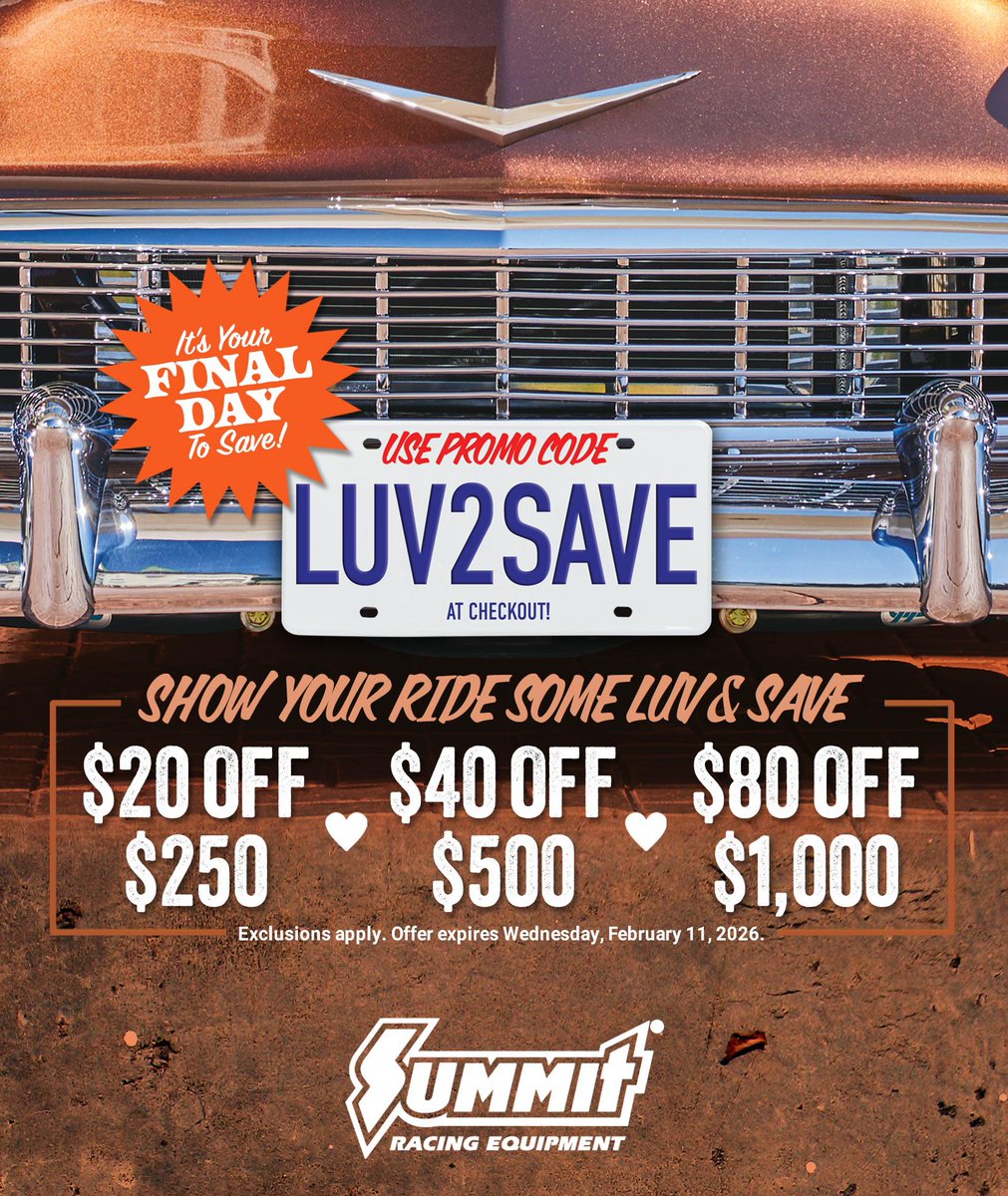 SummitRacing's tweet image. Final day to use code LUV2SAVE! #promocode #summitracing