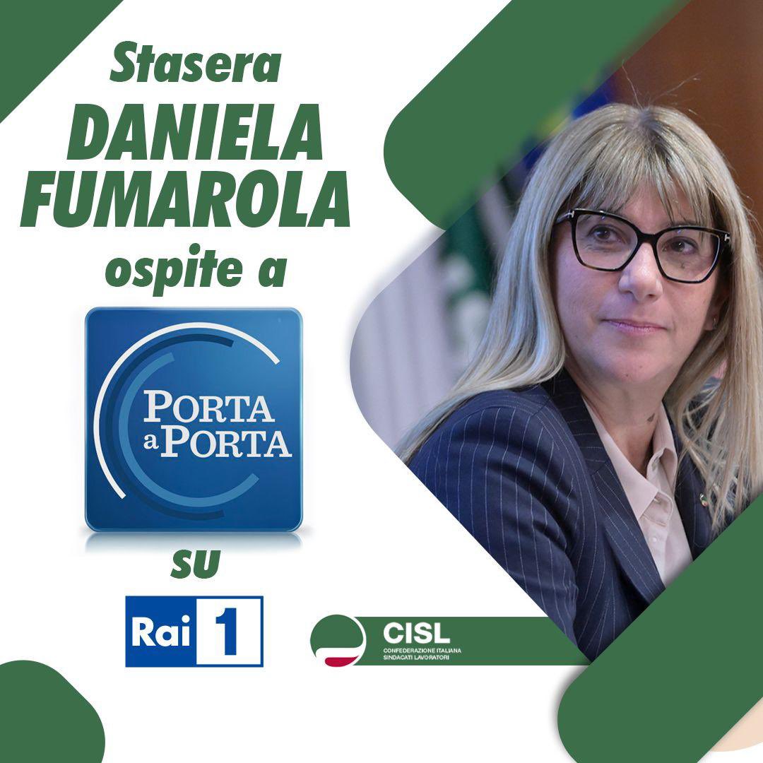 Questa sera la leader #Cisl #DanielaFumarola sarà ospite della trasmissione “Porta a Porta’ in onda su Rai1 a partire dalle 23,30.