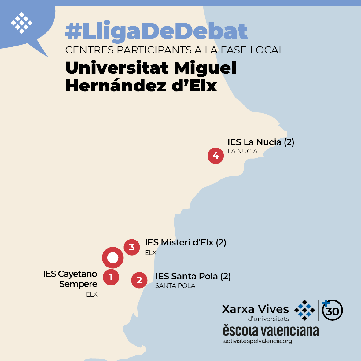 🗣️ Mode debat activat! La <a href="/UniversidadMH/">UMH</a>  treu fum amb la fase local de la #LligadeDebat de #Secundària i #Batxillerat.

🍀Molta sort als centres participants!

✅ <a href="/IESCayetano/">IES Cayetano Sempere</a> 
✅ <a href="/iesmisteridelx_/">IES Misteri d'Elx</a> 
✅ <a href="/iessantapola/">IES Santa Pola</a> 
✅ <a href="/ieslanucia/">IES LA NUCIA</a> 

🔗 Més informació: vives.org/programes/estu…