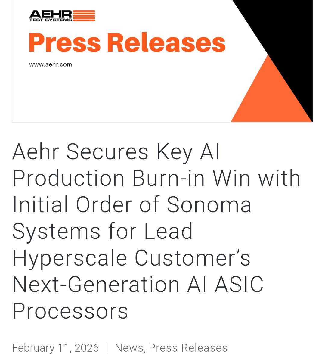 Dr_Crossroads's tweet photo. $AEHR Test Systems just announced an initial order by a hyperscaler for their Sonoma unit (package part burn in). These will ship out this summer.

"Initial" is the key part. From the presser:

"This customer’s current-generation AI processor is already ramping in volume production today, and they are forecasting a very large expansion of Sonoma system purchases for that device in the second half of calendar 2026 and continuing into 2027. Importantly, we expect these future system orders to run in parallel with volume deployments of this next-generation processor, significantly expanding our installed base and long-term consumable opportunity with this customer."

Just as we're seeing from other ATE companies, the revenue ramp is coming. Big time.