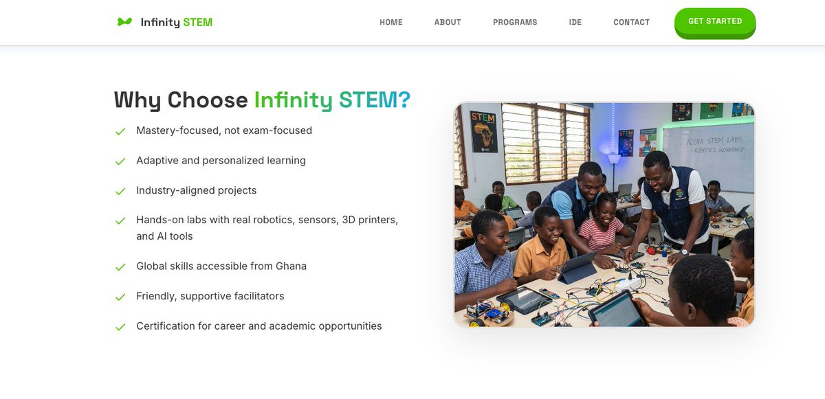 desmondknunoo's tweet photo. Infinity STEM is a mastery-driven STEM education and innovation hub based in Accra, Ghana. We bridge the gap between surface-level learning and true technical excellence by offering an adaptive learning environment that grows with the learner.

Learn more: https://t.co/p0xBO7I3ey https://t.co/Bb7ljXz6LY