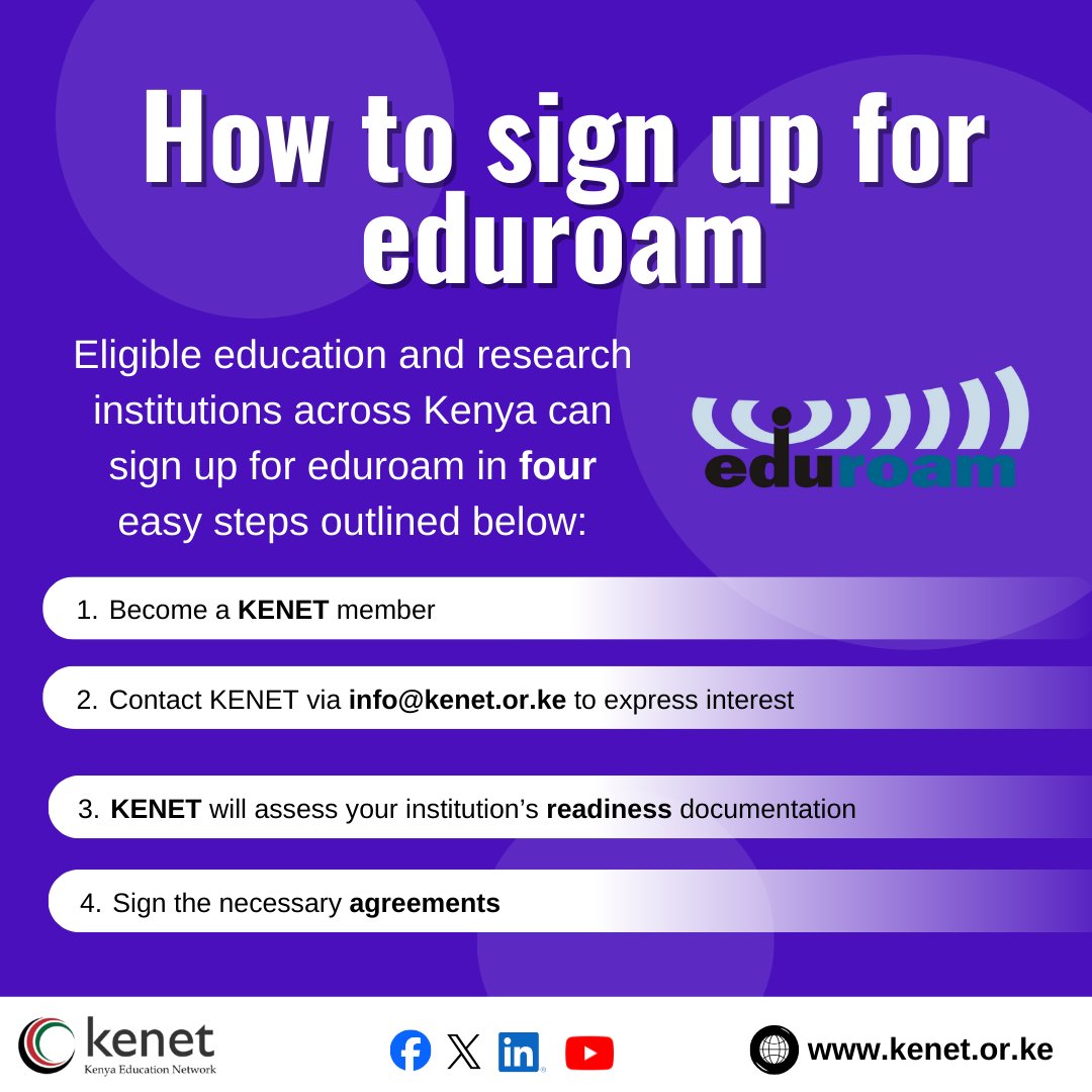 kenet_ke's tweet photo. Accredited education and research institutions in Kenya, including universities, colleges, research institutes, and other learning establishments, are eligible to sign up for eduroam. Here is how.
#KENET #eduroam https://t.co/sSB24fLyXJ