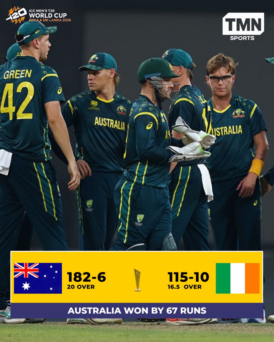 TMNSport's tweet photo. A comprehensive 6⃣7⃣-run win for 𝐀𝐮𝐬𝐭𝐫𝐚𝐥𝐢𝐚 as they trump 𝐈𝐫𝐞𝐥𝐚𝐧𝐝 convincingly to kickstart their World Cup campaign
#T20WorldCup2026 #AUSvsIRE https://t.co/TJdl2HFdvq