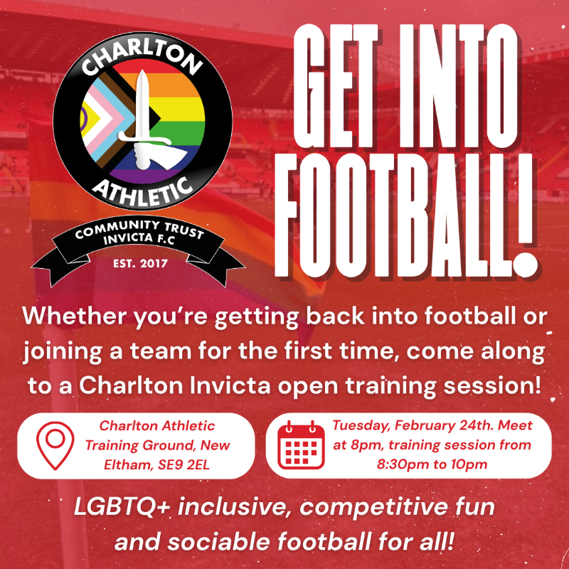 CAFCTrust's tweet photo. Calling all #LGBTQ+ footballers 🏳️‍🌈 🏳️‍⚧️

Get into football with @CharltonInvicta ⚽️

Join their open training session on Tuesday, February 24th. Warm-ups, fitness, technical drills &amp; small-sided games. All abilities &amp; experience levels welcome!

#cafc | @CAFCofficial