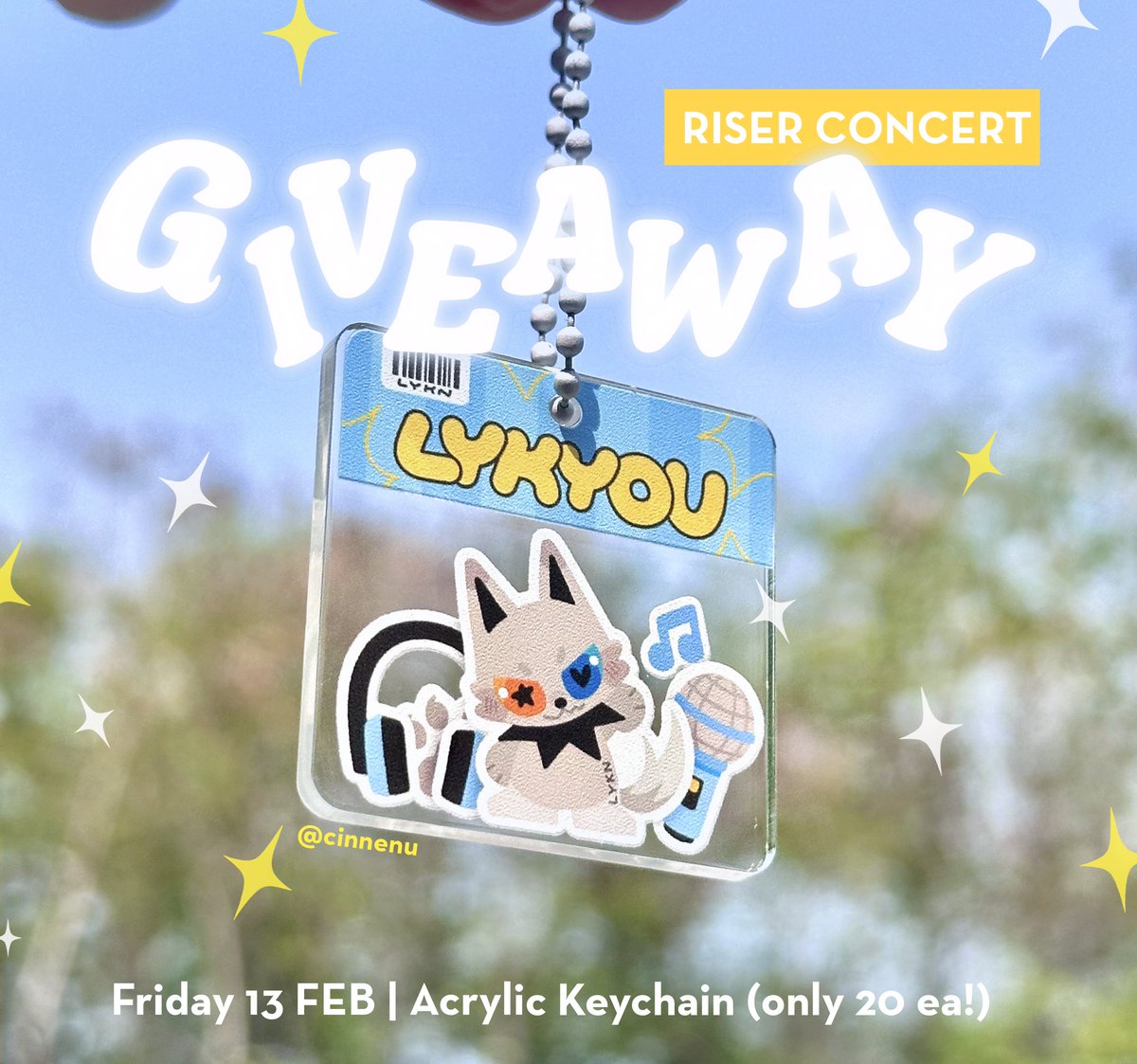 Giveaway for #RISERCONCERT 

LYKYOU Acrylic Keychain 4cm 🐺
♡ Only 20 ea ♡

🗓️ 13 Feb
📍 Impact Arena
⏰ TBA

#LYKN #LYKYOU
