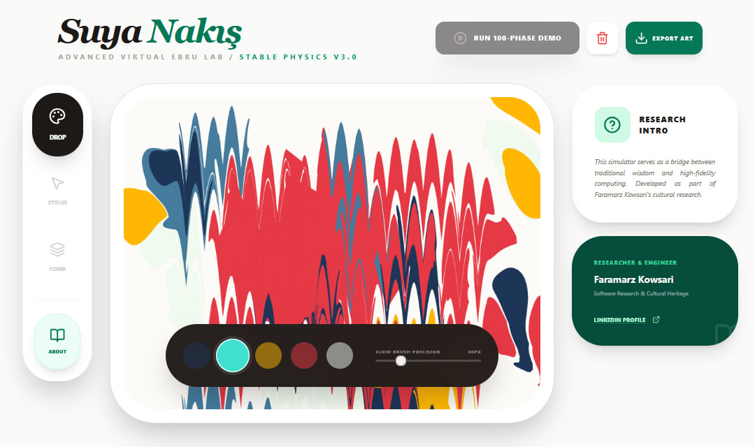 Art meets Math! 🎨📐 I’ve just launched "Suya Nakış," a digital Ebru (Turkish marbling) simulator built on high-fidelity fluid dynamics. It’s 13th-century wisdom meeting 21st-century code. 🌊

Give it a spin and see the physics in action: 🔗 faramarzkowsari.github.io/suya-nakis/
#EbruArt