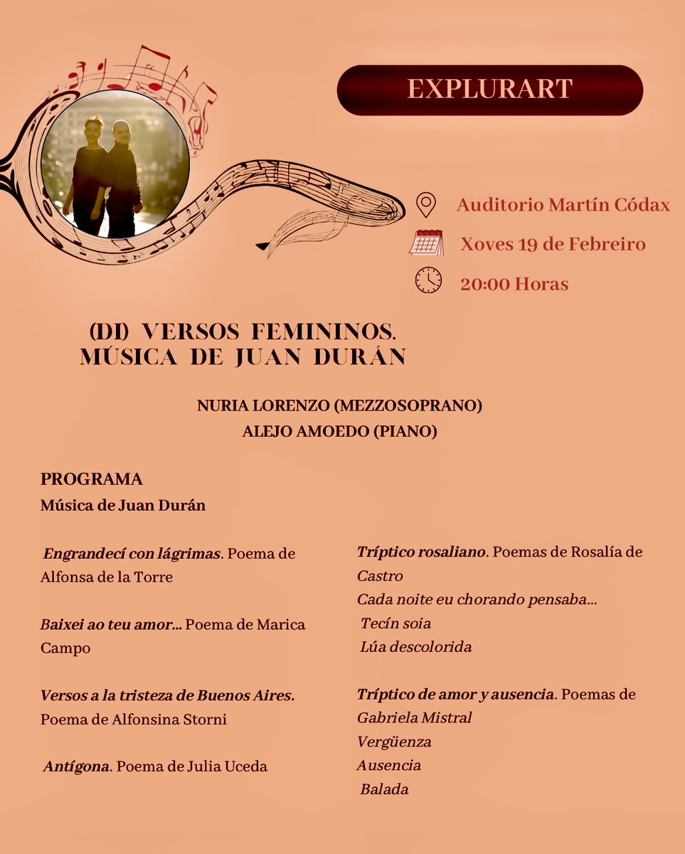 Próximo xoves día 19, ás 20:00, recital de voz e piano, coa mezzosoprano Nuria Lorenzo, e a música de Juan Durán, dentro do Festival Nas Ondas. Lugar: Auditorio Martín Códax do Conservatorio Superior de Vigo.