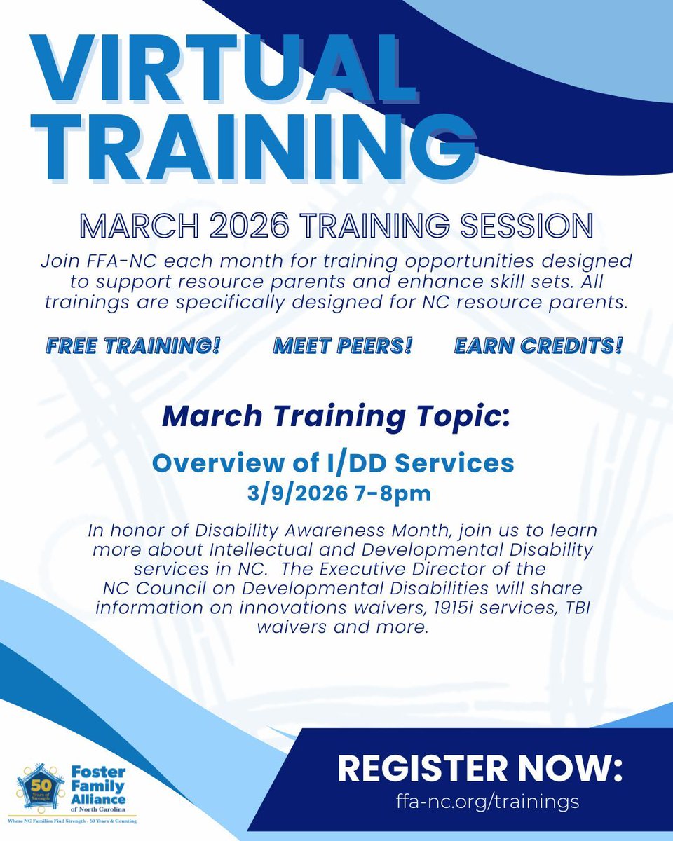 CreatingaFamily's tweet image. RT @FosterFamilyNC: 💻 Virtual Trainings for March!

FFA is pleased to announce our trainings for March- we hope you'll join us!

🗓️ 3/9 - 7:00 - 8:00pm
🔗 Register now! ffa-nc.org/trainings

#FFA #fostercare #VirtualTraining