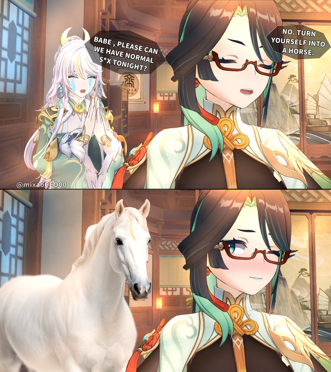 mixaoCEO00's tweet photo. Neighing 🐴
#GenshinImpact #Zibai #xianyun #xianbai https://t.co/rdai20Nr3p