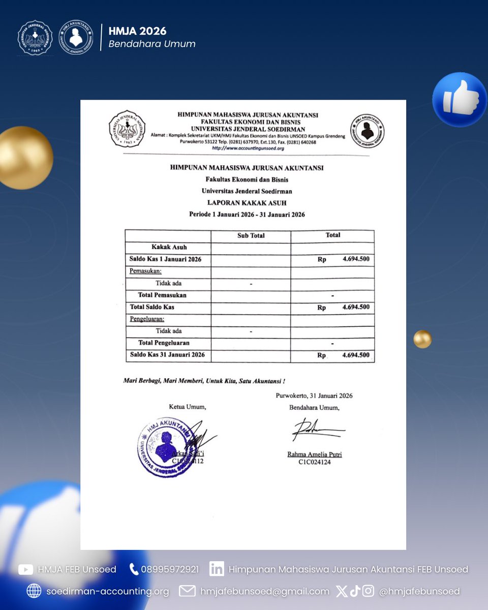[LAPORAN KEUANGAN HMJA 2026]

Halo warga Akuntansi!

Berikut ini kami sajikan informasi mengenai laporan keuangan HMJA per 1-31 Januari 2026 yang berisi:

- Laporan Arus Kas
- Laporan Dana Sosial
- Laporan Kakak Asuh

Yuk disimak ya!

#VIVAHMJA
#HMJA2026
#BENDAHARAUMUM