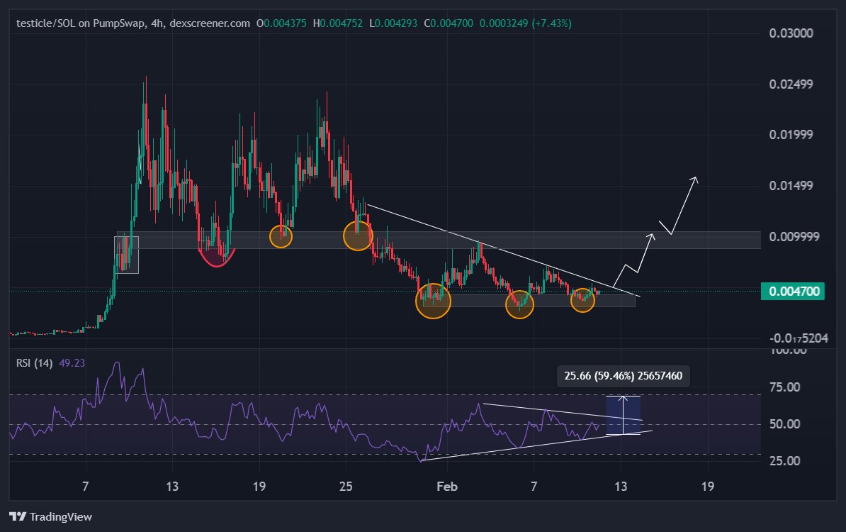 $testicle update

On the 4H chart, $TESTICLE/SOL is compressing at the end of a multi-week descending structure after a clear distribution phase from the highs. Price has been consistently printing lower highs under a well-defined descending trendline while repeatedly defending