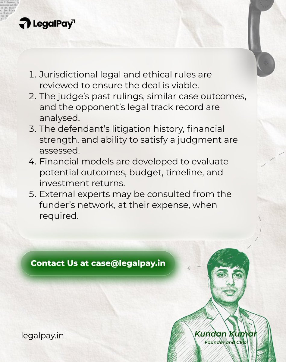Behind every funded case is a thorough due diligence process.
From legal viability to financial outcomes, every detail is carefully evaluated.

At LegalPay, we invest with insight not just capital.
Because strong cases deserve strong backing.

#legalpay