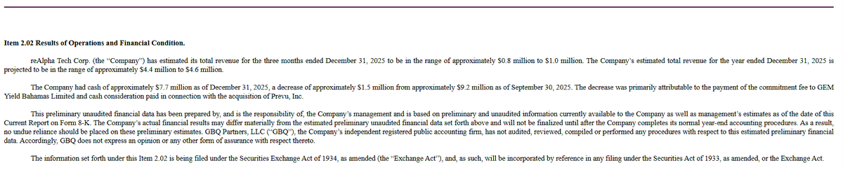 $AIRE  AIRE - This just hit SEC.gov and went public out on
 SEC.gov   sec.gov/ix?doc=/Archiv… 

Flash Financials are out  reAlpha Tech Corp. (the “Company”) has estimated its total revenue for the three months ended December 31, 2025 to be in the