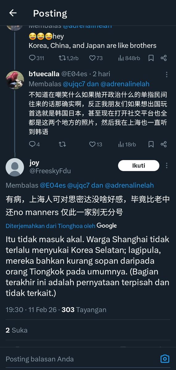 ceracera792's tweet photo. @loveggonee @afrkml Ada juga kak yg bilang kalau Cina, Jepang, Korsel tuh brother, terus orang Cina ada yg sempat setuju, tapi langsung dibantah netijen Cina lain, jangan libatkan kami. Wkwkw https://t.co/xqougaGmMV