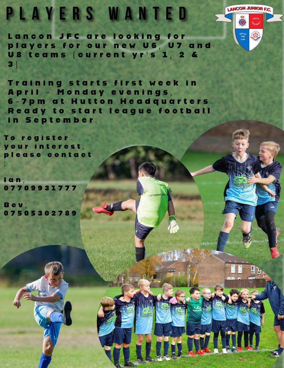 Announcing the start of 3 new boys teams for those in years 1, 2 and 3.
Training will start in April.
To register in advance, please PM the contacts.
All abilities welcome.
Based South Ribble/ Preston area.
⚽️⚽️⚽️
<a href="/JfcLancon/">Lancon JFC</a>
<a href="/LancashireFA/">Lancashire FA</a>
<a href="/mlcjfl/">Mid Lancs Colts JFL</a> 
#lanconforlife