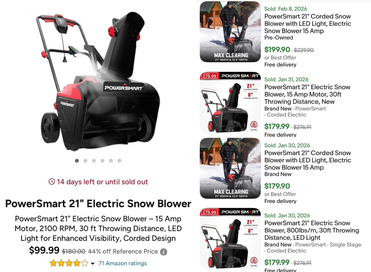 GlitchedDeals's tweet photo. $180 POWERSMART ELECTRIC SNOW BLOWER FOR $99

Price just dropped over $80 on Woot, free shipping for Amazon prime users

Same 21” model is selling for $180+ on eBay

Resell for $80 profit, or keep it and never shovel snow again

https://t.co/XDvftHpqrZ #ad https://t.co/21S9OZb3m2