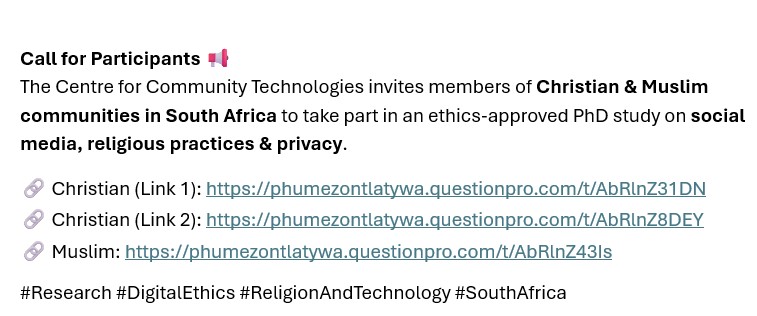 Christian Community Questionnaire – Link 1: phumezontlatywa.questionpro.com/t/AbRlnZ31DN 
Christian Community Questionnaire – Link 2: phumezontlatywa.questionpro.com/t/AbRlnZ8DEY 
Muslim Community Questionnaire: phumezontlatywa.questionpro.com/t/AbRlnZ43Is