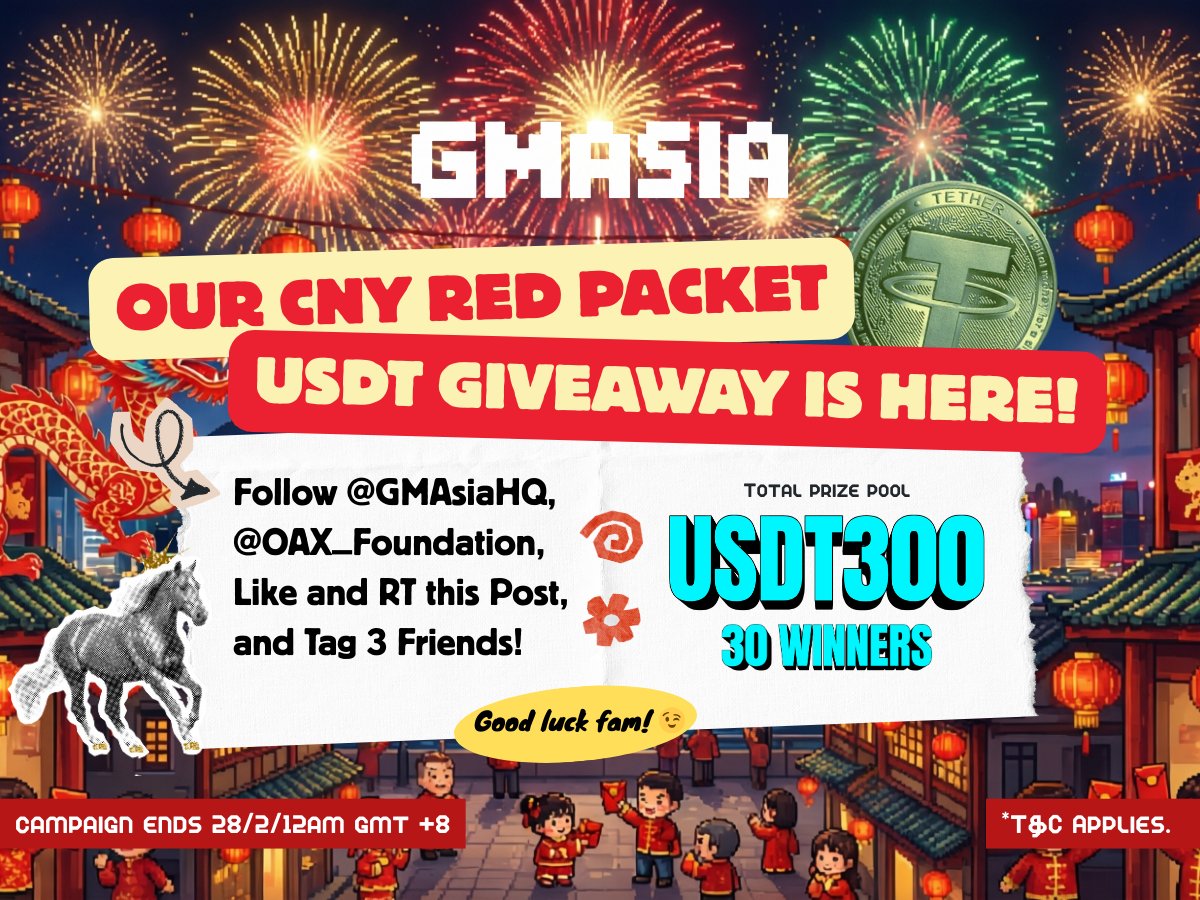 WIN from a Prize Pool of $300 USDT in our CNY Giveaway 🔥

We're hosting our first token giveaway, and 30 Winners will stand a chance to WIN from a prize pool of $300 USDT! 

How to win:
- FOLLOW  <a href="/GMAsiaHQ/">GMAsia</a> and <a href="/OAX_Foundation/">OAX</a>. 
- LIKE and RT THIS post. 
- TAG 3 friends in the