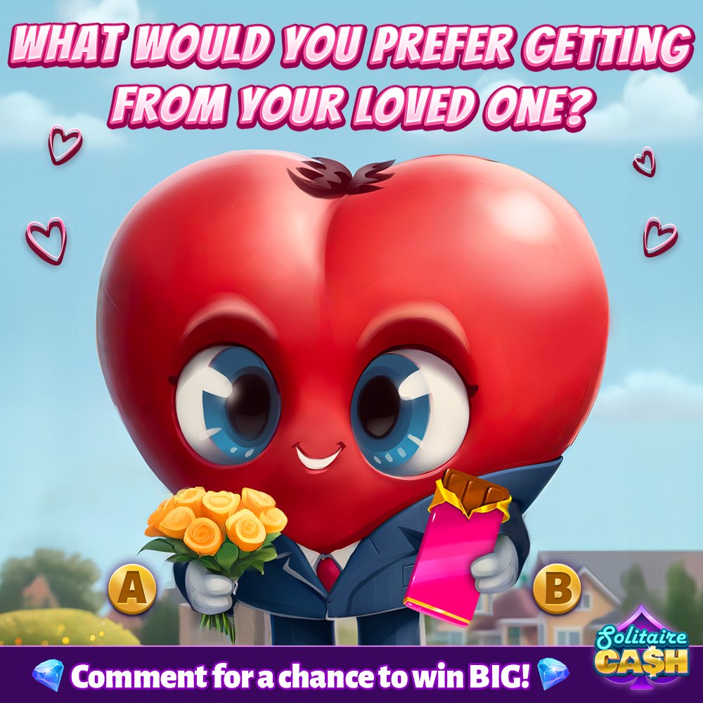 solitairecash's tweet photo. #Valentineโs Day is here. ๐
What would YOU rather get from your loved one? ๐
๐น A - Romantic bouquet
๐ซ B -Box of sweets
Comment for a shot at a reward! ๐
Then, hop back in and let love take the win. ๐ฅ >
https://t.co/K5NiEw3Vba
#solitairecash #cashwins https://t.co/4TkLbXb8VC