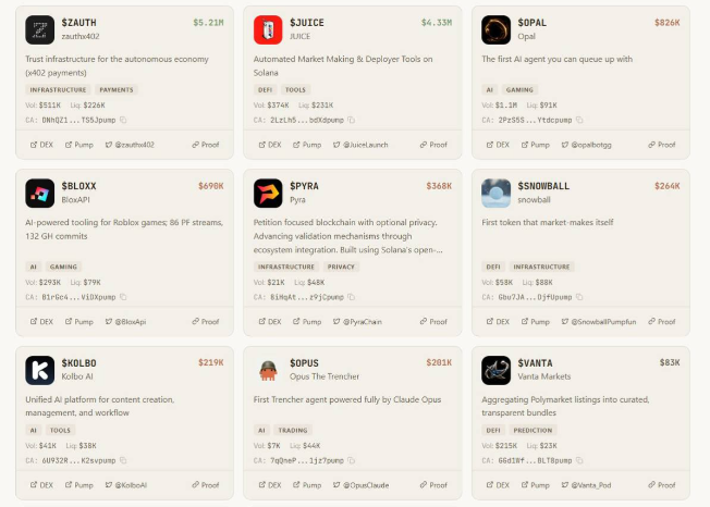 alpha

<a href="/Pumpfun/">Pump.fun</a>  Hackathon: $3M in prize money, $250K each.

The winner is the market, not the jury.
Honestly.

Found 11 projects that are being built publicly:
<a href="/zauthx402/">zauth</a> <a href="/JuiceLaunch/">Juice</a> <a href="/opalbotgg/">Opal AI</a> <a href="/BloxApi/">BloxAPI</a> <a href="/SnowballPumpfun/">Snowball</a> <a href="/KolboAI/">Kolbo AI</a> <a href="/OpusClaude/">OpusTheTrencher🪖</a> <a href="/mergedotfi/">Mergefi</a> <a href="/clarity_proto/">Clarity Protocol</a> <a href="/Vanta_Pod/">Vanta</a>