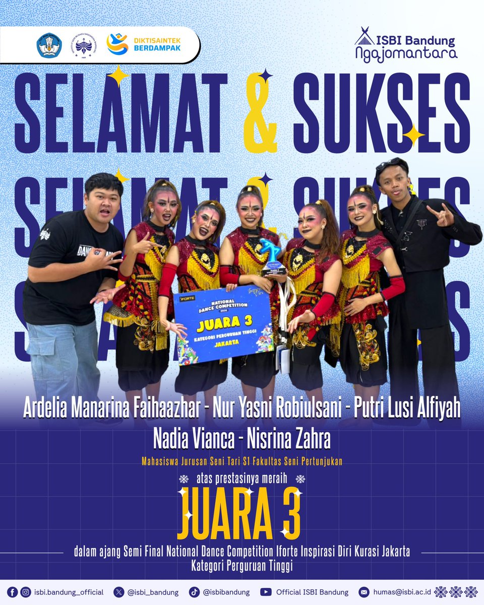 Selamat &amp; Sukses! Mahasiswi Jurusan Seni Tari FSP ISBI Bandung meraih Juara 3 dalam ajang Semi Final National Dance Competition (Iforte Inspirasi Diri Kurasi Jakarta) Kategori Perguruan Tinggi

Salam Seni dan Budaya!

#ISBIBandung 
#CentreofCreativity
#DiktisaintekBerdampak
