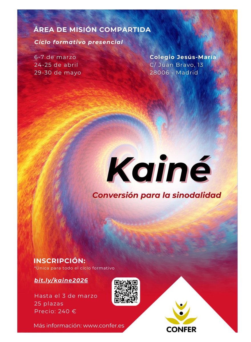 🌀 𝑲𝒂𝒊𝒏𝒆́ - Ciclo formativo presencial para impulsar una conversión personal e institucional para una #MisiónCompartida en clave sinodal

👉 Inscripción única para los 3 módulos
➕ Te contamos todo aquí: 
confer.es/noticias/ciclo…