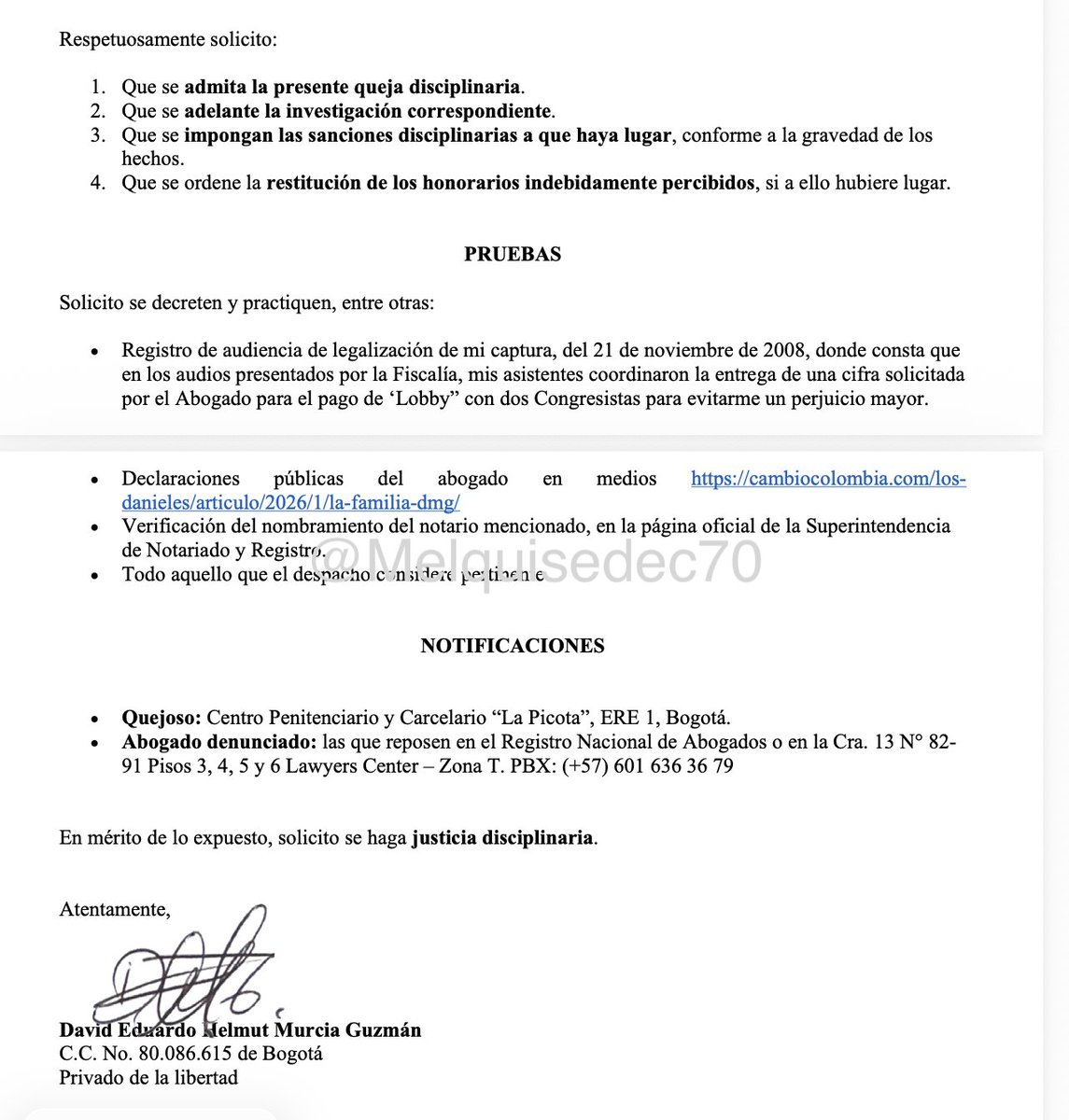Melquisedec70's tweet image. Atentos. Esta es la queja disciplinaria del condenado David Murcia Guzmán, promotor de la gigantesca estafa financiera de su nombre DMG, afirmando que le pagó en efectivo $5 mil millones al abogado @ABDELAESPRIELLA y que este violó sus deberes de lealtad, debida diligencia,…