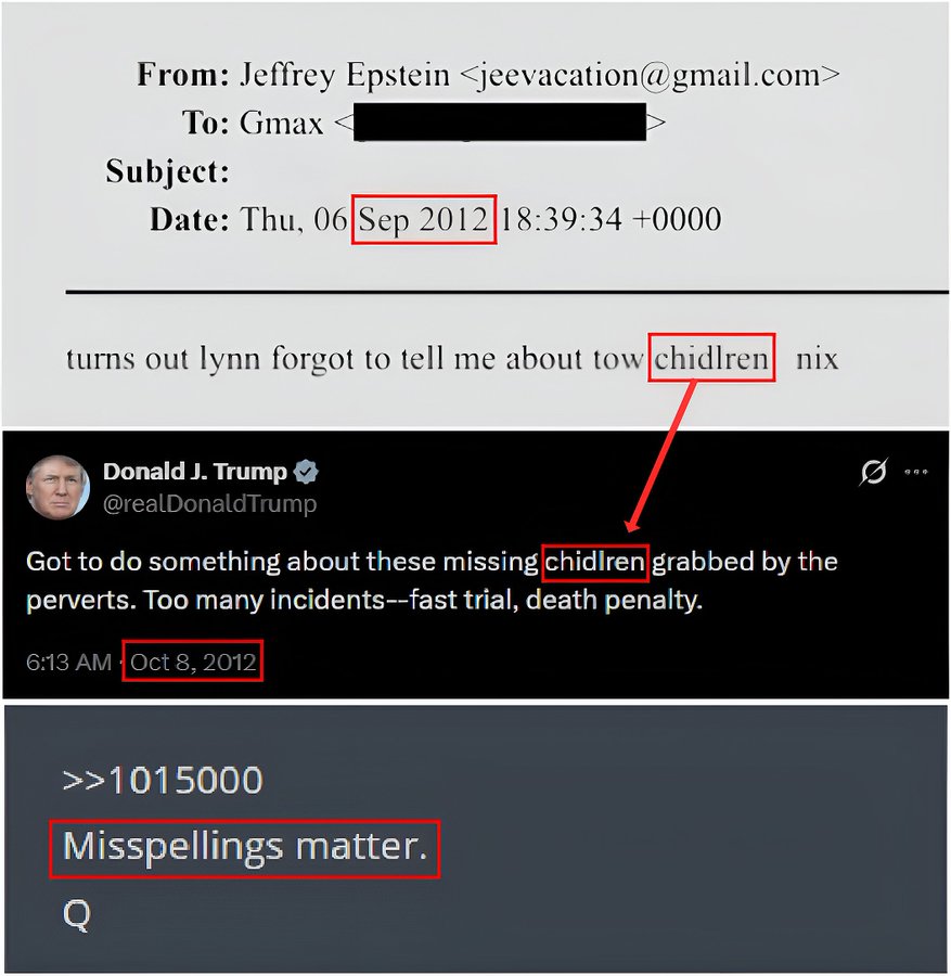 What are the chances that Epstein sent an email to Ghislaine misspelling children and "chidlren" in Sep 2012, and one month later Trump tweets about missing "chidlren" grabbed by perverts?

Quite a coincidence, that one.