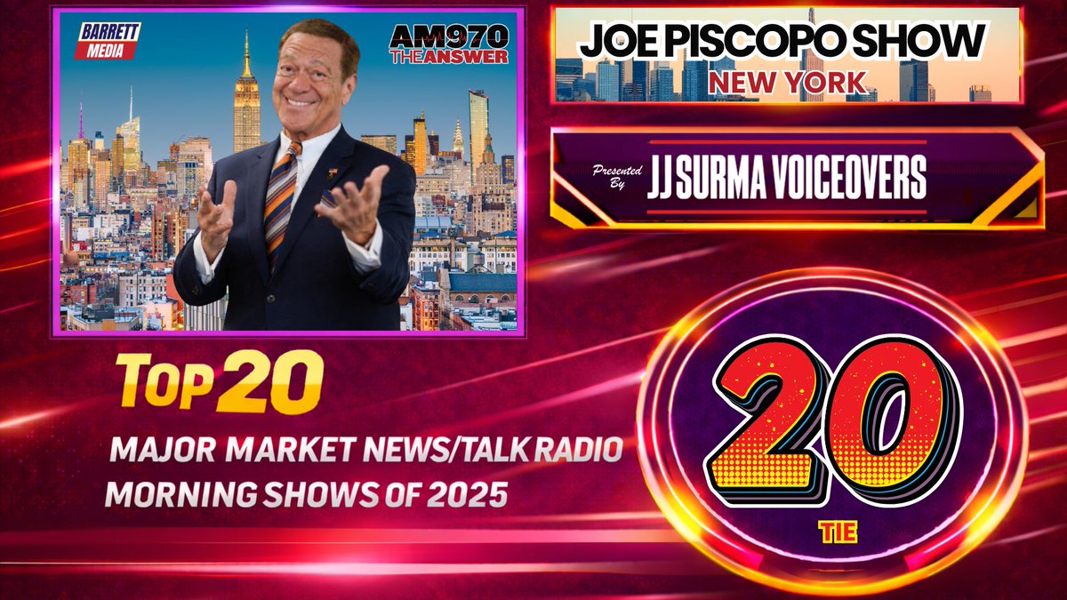 Barrett_Media's tweet photo. Barrett Media's Top 20 of 2025 News/Talk Radio Morning Shows in Major Markets presented by @JJSurmaVoice featured @cmack215 @ianthebush, Ernie Brown, @haljaytweets &amp; @CarlaWbap and  @vsawkar &amp; @JrzyJoePiscopo in slots #18-#20. Full results below.

https://t.co/dwCueKJ31J https://t.co/JKSkc6jG8M