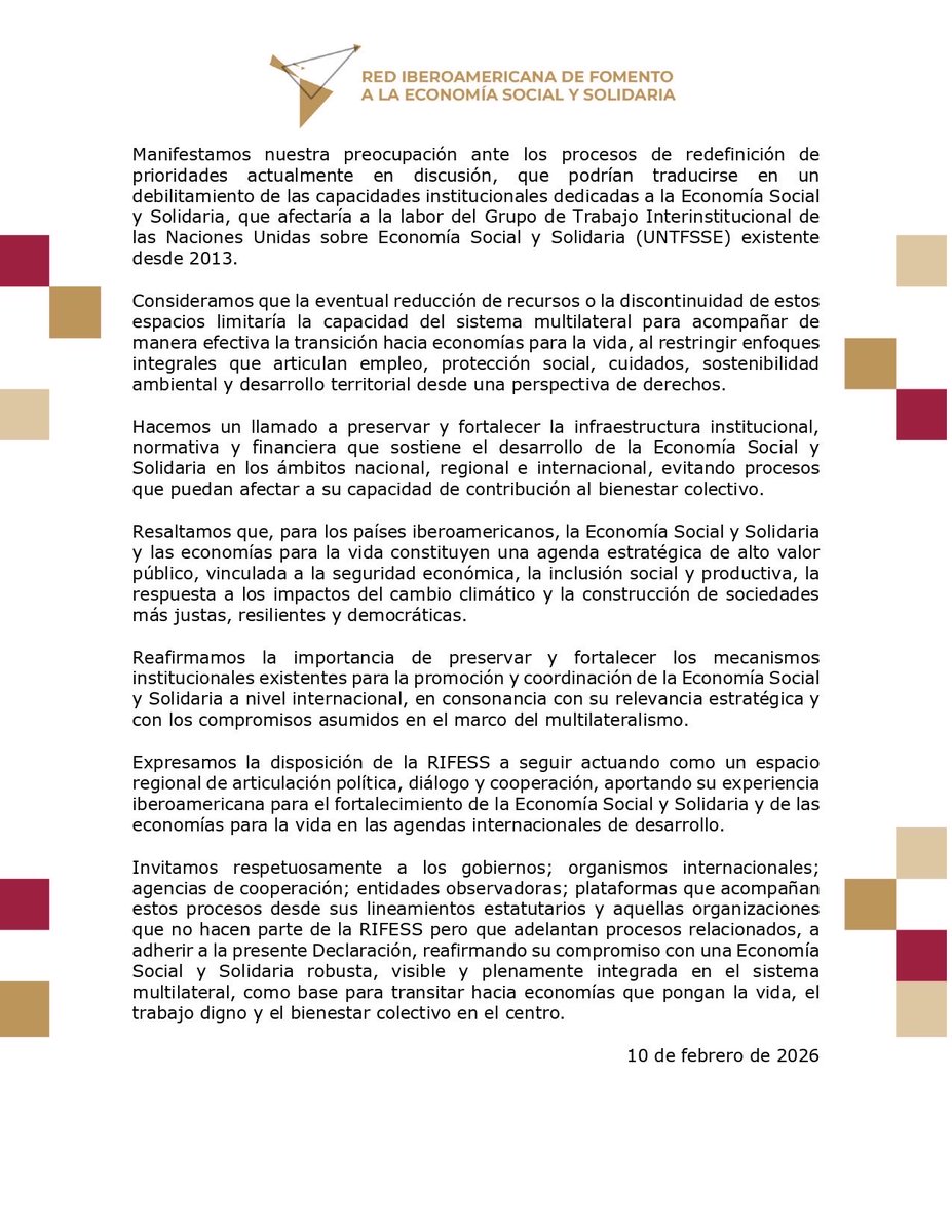 rifess_'s tweet photo. Desde la RIFESS reafirmamos el compromiso de impulsar economías para la vida, fortaleciendo la Economía Social y Solidaria como base para el bienestar colectivo, la inclusión y el desarrollo de los territorios. https://t.co/av1qmn4jTM