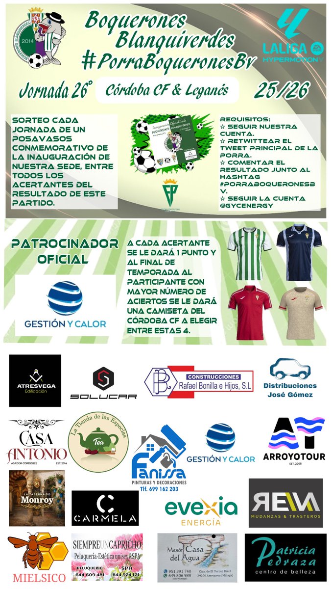 Jornada 26 de nuestra #PorraBoqueronesBv, vamos a por otro +3, que nadie nos despierte.

No olvidéis participar y cumplir los requisitos del cartel.

Porra patrocinada por <a href="/GYCenergy/">Gestión Y Calor</a>.
⚽️🤍💚🤍⚽️