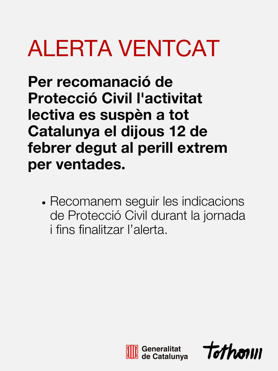 ATivissa's tweet photo. ⚠️Risc extrem de ventades a Catalunya per dijous 12⚠️: Es limita la mobilitat i se suspèn l'activitat educativa, esportiva i assistencial demà, entre les 0 i les 20 h. 
📢S’enviarà un Es-Alert a la població per informar. https://t.co/MzI5eE8SVP