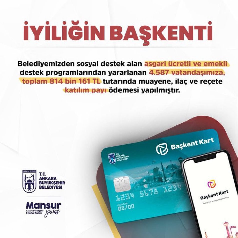 Ankara Büyükşehir Belediyesi, belediyeden sosyal destek alan, asgari ücretli ve emekli destek programlarından yararlanan 4.587 vatandaşımıza; 

814 bin 161 TL tutarında muayene, ilaç ve reçete katılım payı ödemesi yapıldığını açıkladı. <a href="/mansuryavas06/">Mansur Yavaş</a> 🇹🇷