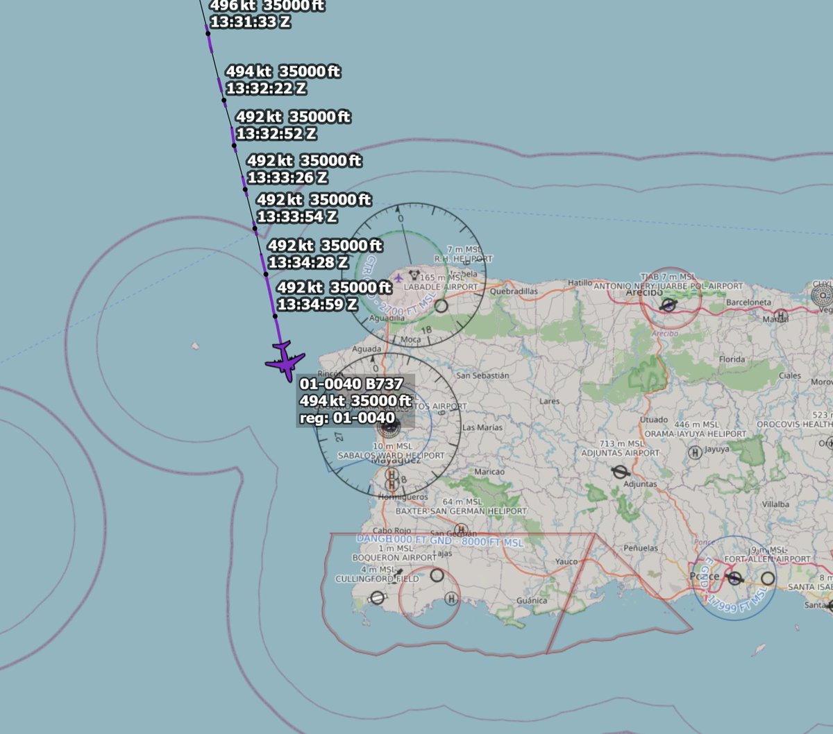 r4streando's tweet image. #ae0945 | 01-0040 | B737 | #SAM185

Boeing C-40 Clipper as SAM185, currently going down the west coast of Puerto Rico, heading south.