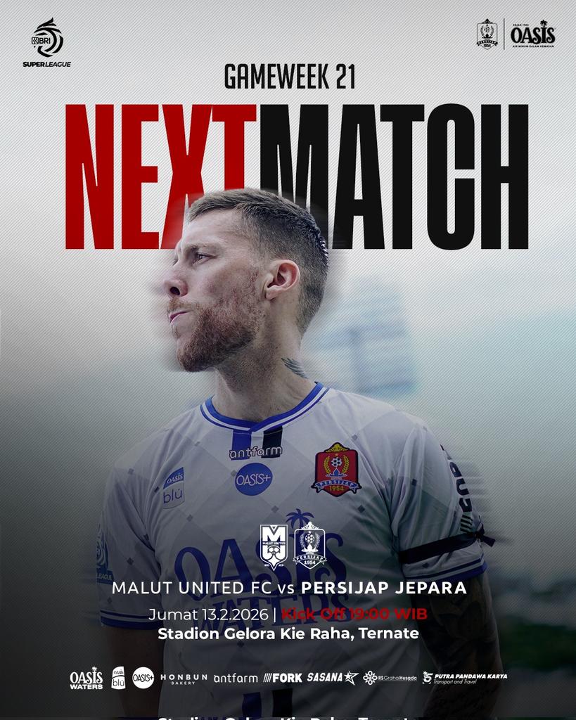 Next Match 🏟 

Malut United vs Persijap Jepara
Pekan 21 BRI Super League 2025/26.
No excuses. Just fight. 🔥

#persijap #ikijeporo