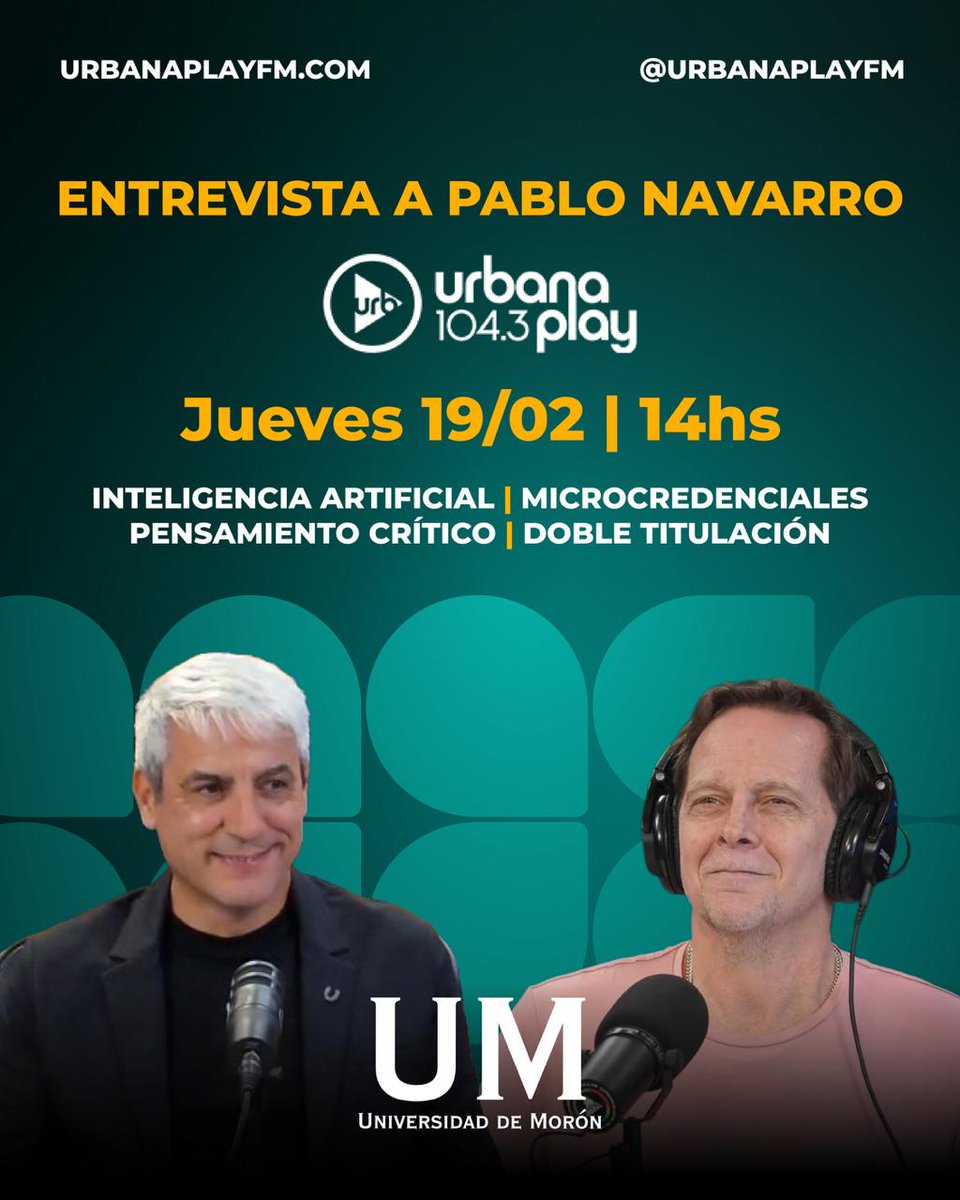 🎙️ Pablo Navarro en @urbanaplayfm

El decano de la Escuela Superior de Leyes de la UM y experto en educación digital, hablará sobre los desafíos de la educación superior: IA, microcredenciales, pensamiento crítico y doble titulación.

🗓️ Jueves 19/02 | 14 hs