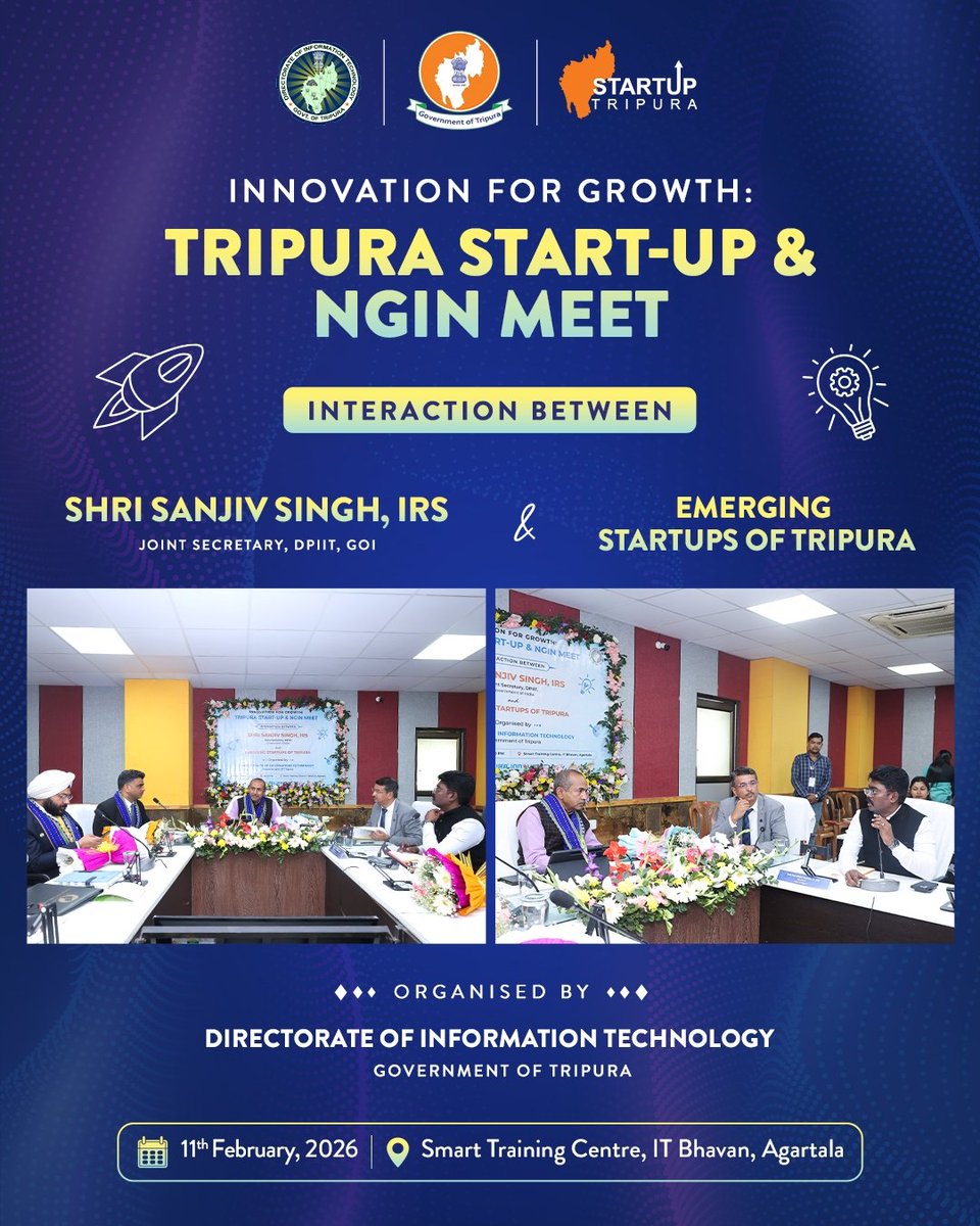 Shri Sanjiv Singh, IRS, Joint Secretary, DPIIT, Government of India, had an interactive session with emerging startups of Tripura today at IT Bhavan, Agartala.

(1/N)