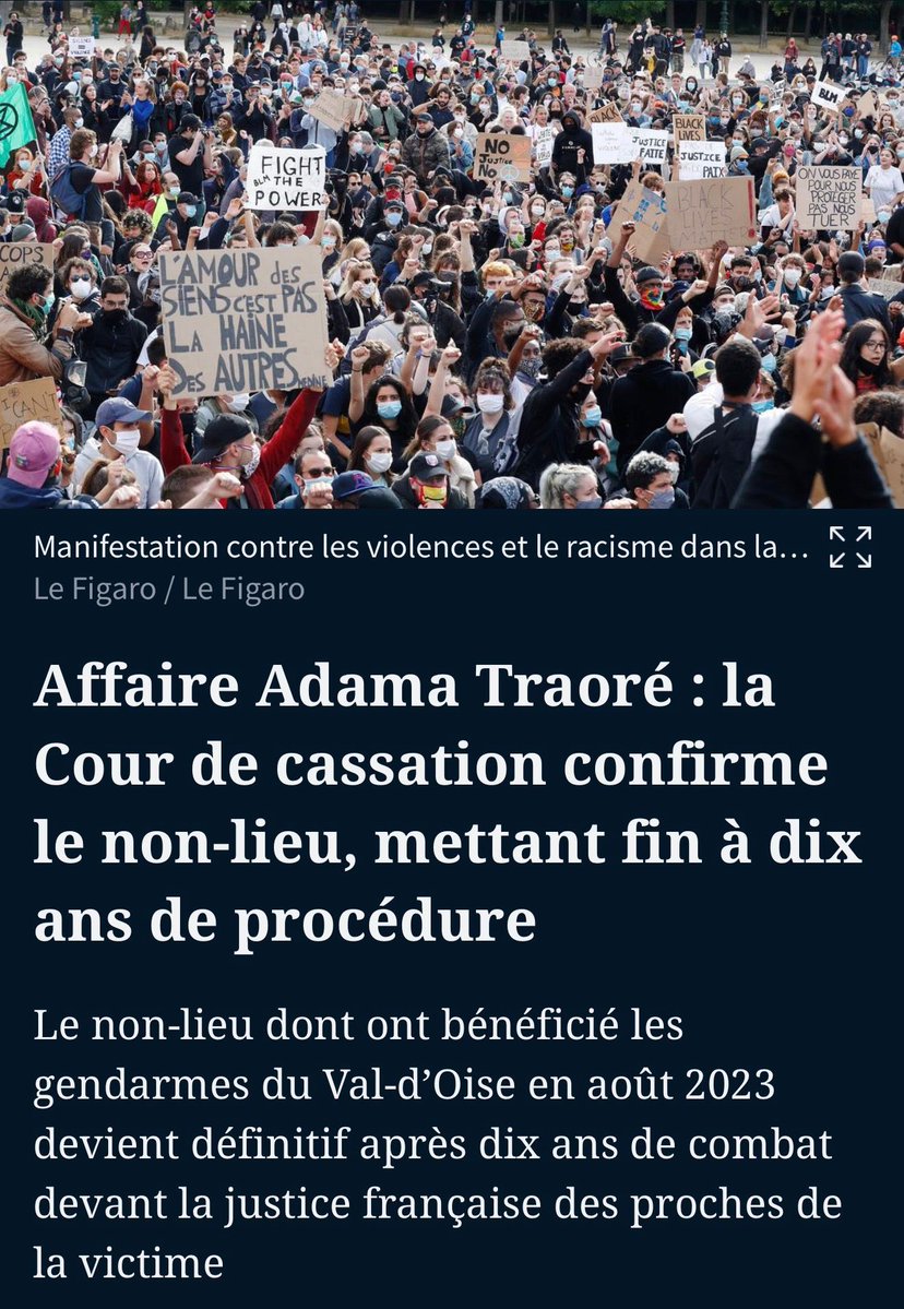 La Cour de cassation a parlé : les gendarmes n’ont pas tué Adama Traoré.

10 ans de mensonges du clan Traoré, relais de la France insoumise, 10 ans à salir nos gendarmes.

À LFI, Rousseau &amp; co : ayez le courage de demander pardon aux Gendarmes 🇫🇷 !

Justice pour les gendarmes 🇫🇷.