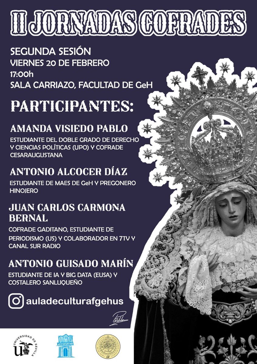 El próximo 20 de febrero a las 17:00 realizaré una ponencia en el rectorado de la Universidad de Sevilla, concretamente en la Facultad de Geografía e Historia acerca del periodismo en las cofradías 

¡Muchas gracias por la oportunidad!
