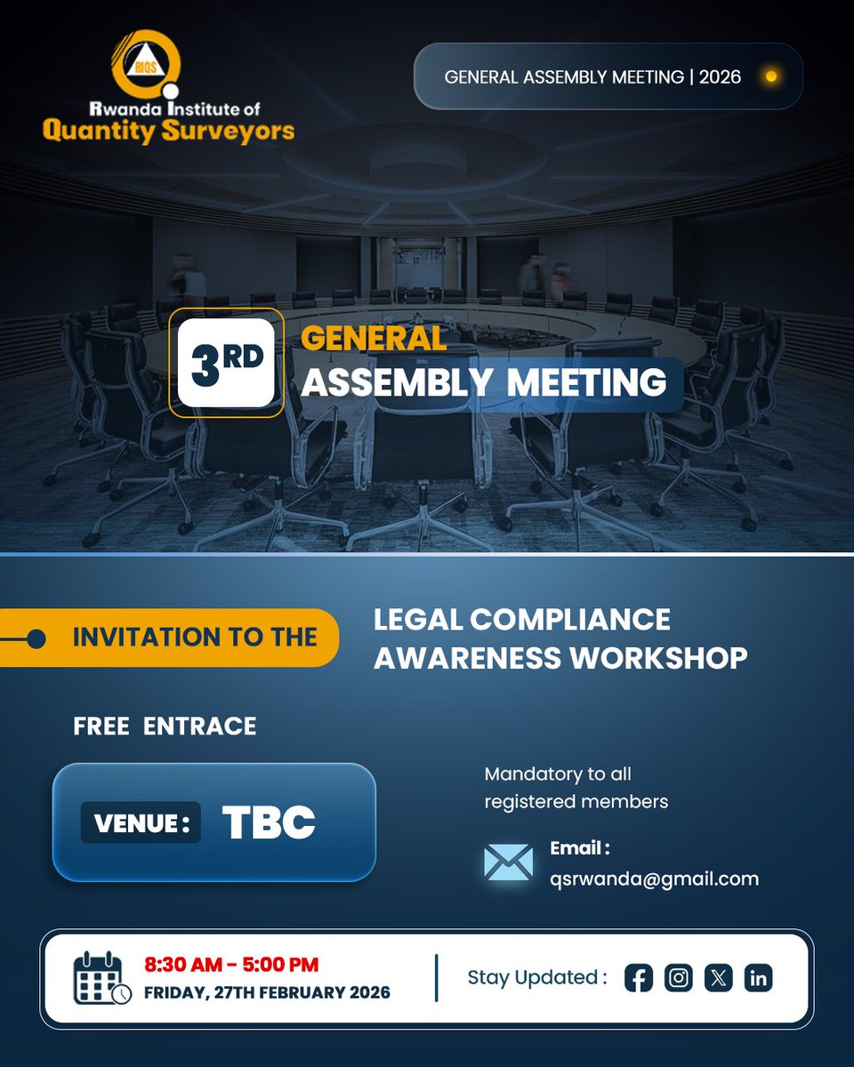 ❇️❇️ Announcement ❇️❇️

RIQS invites you in the "Legal Compliance Awareness Workshop and the 3rd Annual General Assembly Meeting (AGM)" 

On Friday, 27th February 2026

⚠️ Participation is Mandatory to all registered members⚠️