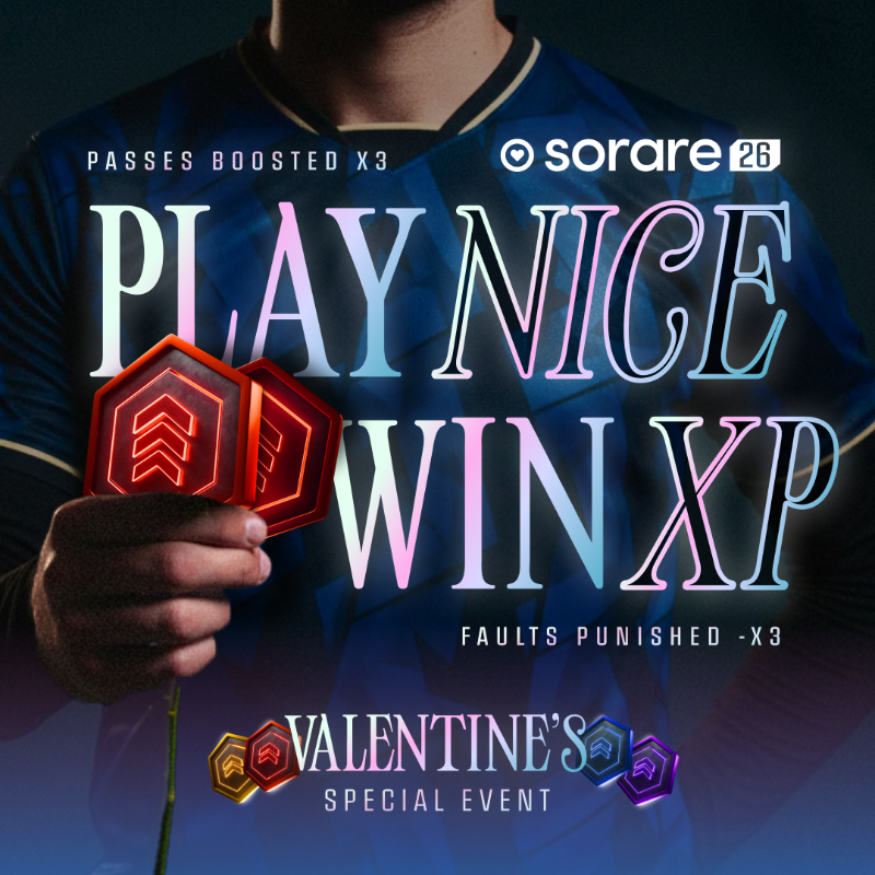 Sorare's tweet photo. Love is in the air… and on the pitch 💘⚽️

The Valentine’s Special Event is LIVE for GW53 (Feb 13–17)!

🤝 Pass actions x3
💛 Fair play matters: fouls &amp; yellows x3 (don’t break hearts!)
🏆 Leaderboards per scarcity
🎁 Up to 30,000 XP

Trust the playmakers, Bench the hot-heads 😡