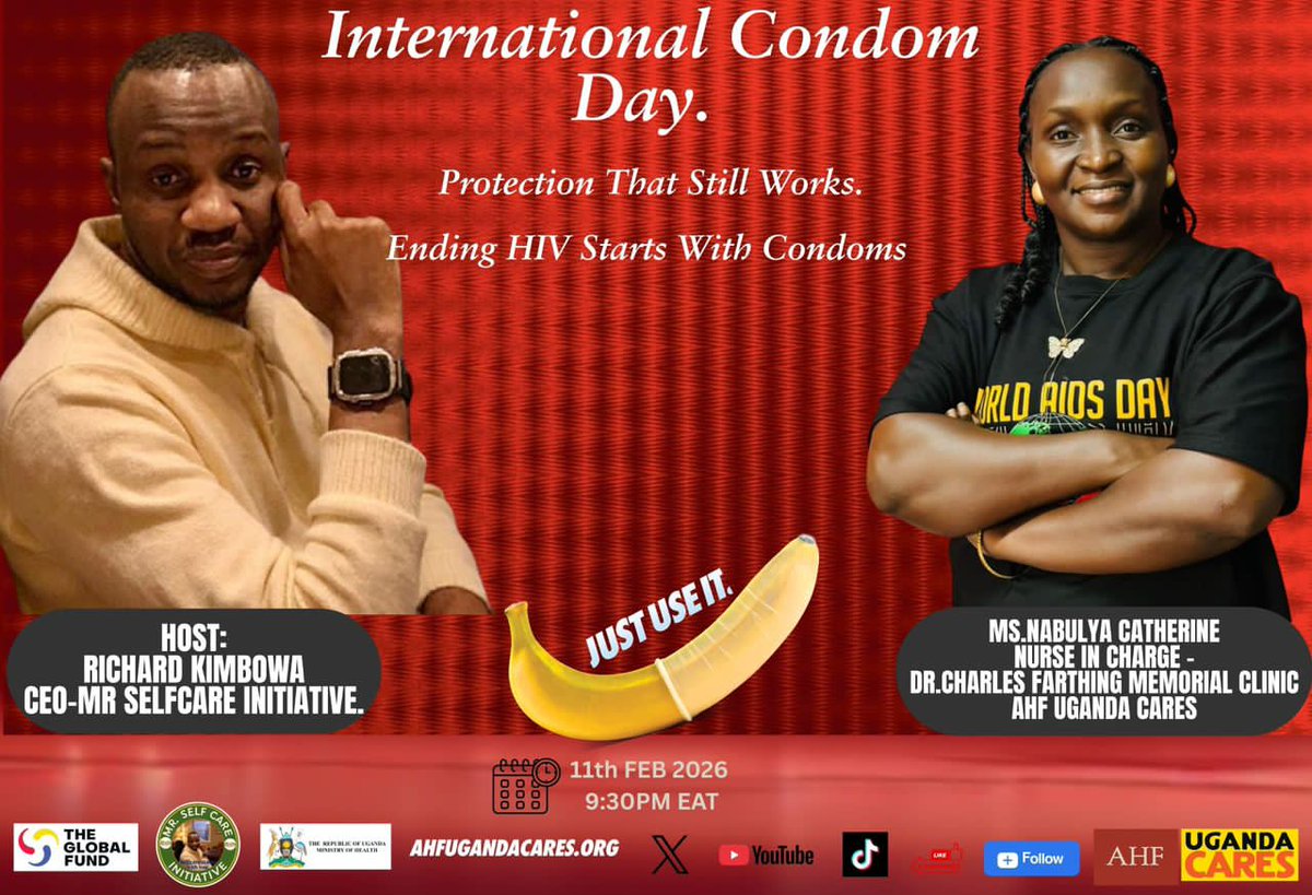 #Tonight at 9:30PM EAT, the conversation on protection that still works goes 🎥LIVE!
Join Richard Kimbowa and Ms. Nabulya Catherine as they unpack condoms, #HIV prevention, and real talk that matters.
Tune in, learn, share, and be part of it. 
youtu.be/7mXz9oBVFTY?si…
#ICD2026
