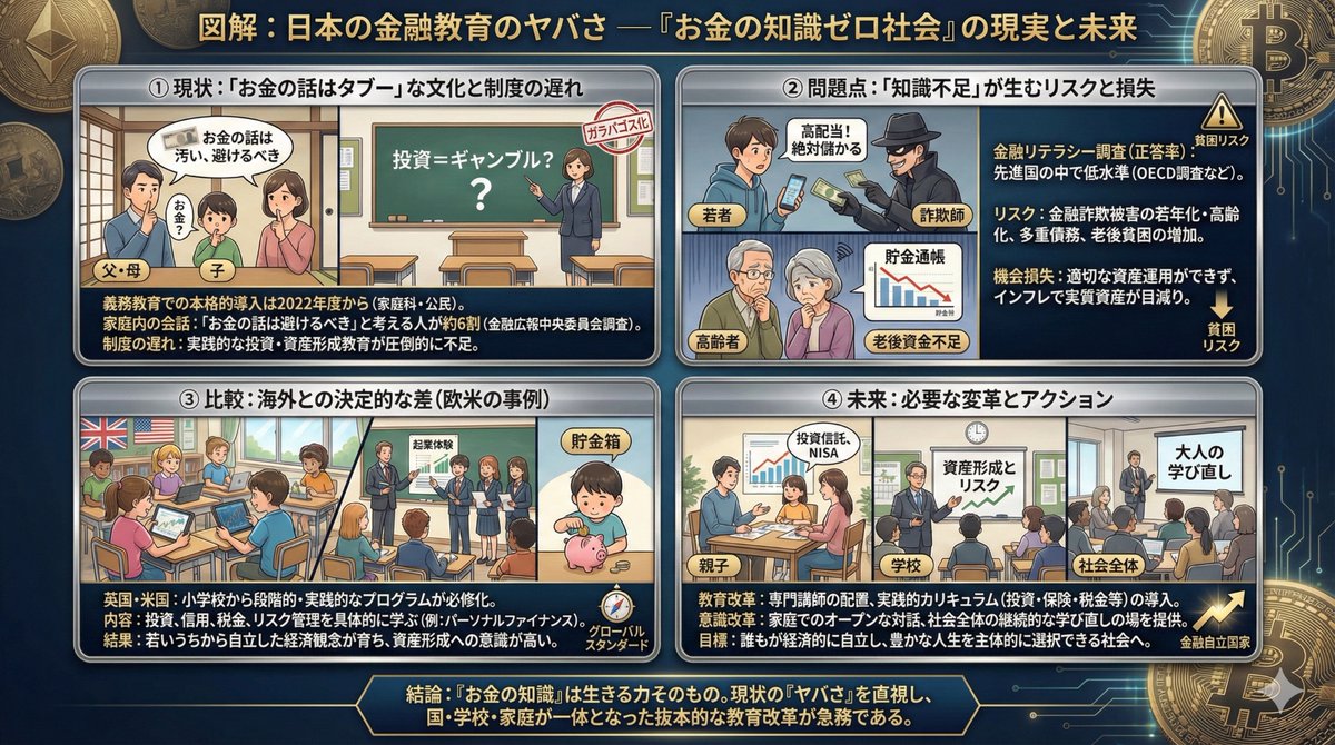 【お金の知識16】
日本の金融教育のヤバさを数字でまとめるとこうなる↓

・金融教育「受けたことない」割合：43%（社会人中心）
・正しい金融知識の正答率：日本 約46% vs 欧米主要国 60〜70%
・世界金融リテラシー順位：日本 38位/多数国中
・インフレ下で預金だけの人：実質資産毎年目減り（2〜4%）