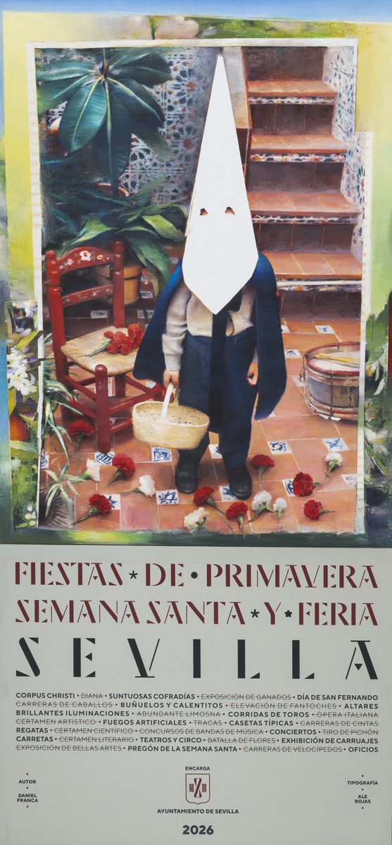 #Sevilla | 🟠 El pintor <a href="/dfranca_/">Daniel Franca</a> anuncia con este cartel las Fiestas de la Primavera en Sevilla 2026, que ha sido presentado esta mañana en el Ayuntamiento. 

➡️ Se trata de un autorretrato, ya que el niño que aparece en la imagen es él mismo jugando en el patio de su abuela un