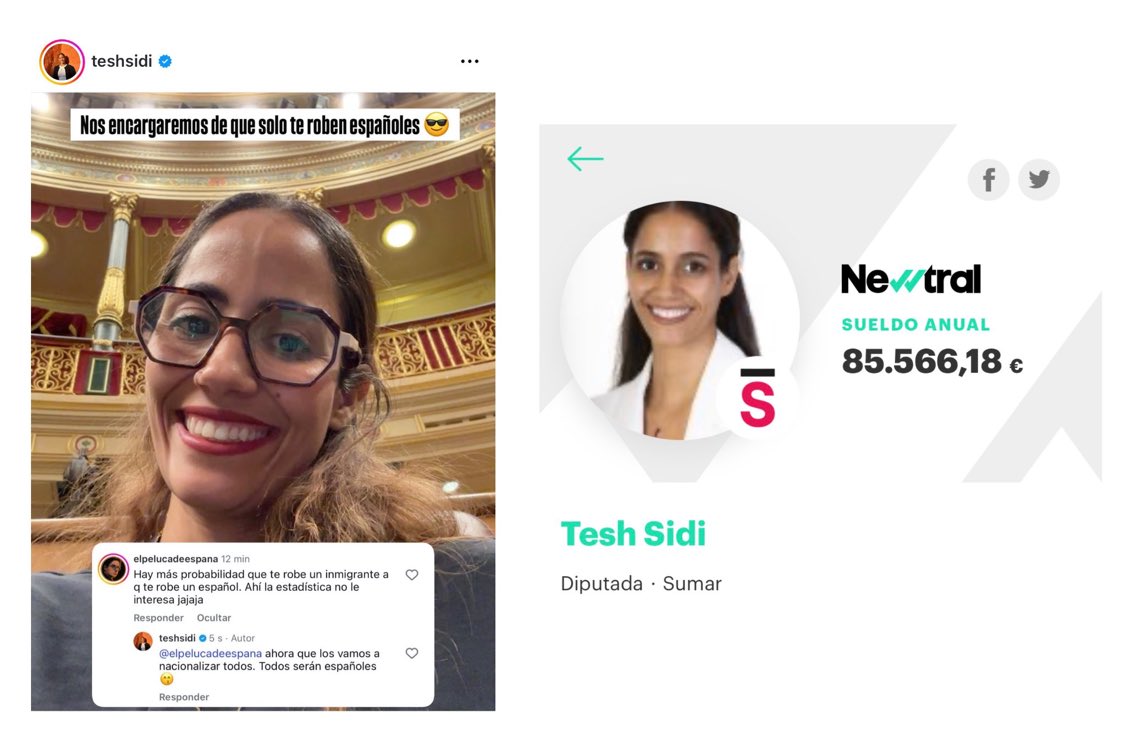 «Ahora que los vamos a nacionalizar todos. Todos serán españoles. Nos encargaremos de que solo te roben españoles».

Tesh Sidi, diputada de Sumar, cobra las de 85.000 euros para reírse de los delitos de sus congéneres contra españoles.

Hay que deportarla a Marruecos.