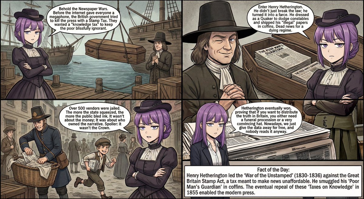 History Hour with Amelia 🌍

In 1819, the government introduced a 'Stamp Tax' on newspapers. The goal? Keep the poor ignorant.

Henry Hetherington fought back.

He printed The Poor Man's Guardian illegally. Dressed as a Quaker to dodge police. Shipped papers in coffins. Got